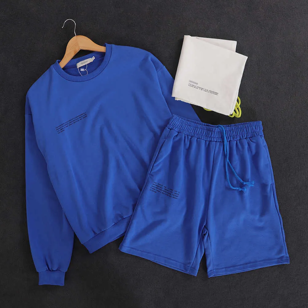 Crewneck Sweatshirt+Long Shorts Two Piece Set For Men Solid Long Sleeve Tops High Waist Sweatpants,100% Cotton Casual Tracksuit 210714