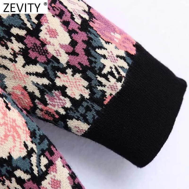 Zevity Frauen Vintage V-Ausschnitt Blumendruck Jacquard Strick Cardigans Pullover Weibliche Chic Single Breasted Casual Coating Tops SW899 210914