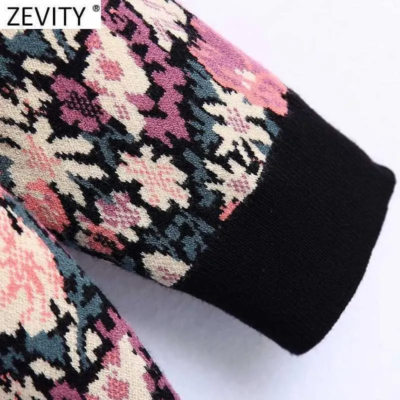Zevity Kobiety Vintage V Neck Floral Print Jacquard Knitting Cardigans Sweter Kobiet Chic Single Breasted Casual Coat Tops SW899 210914
