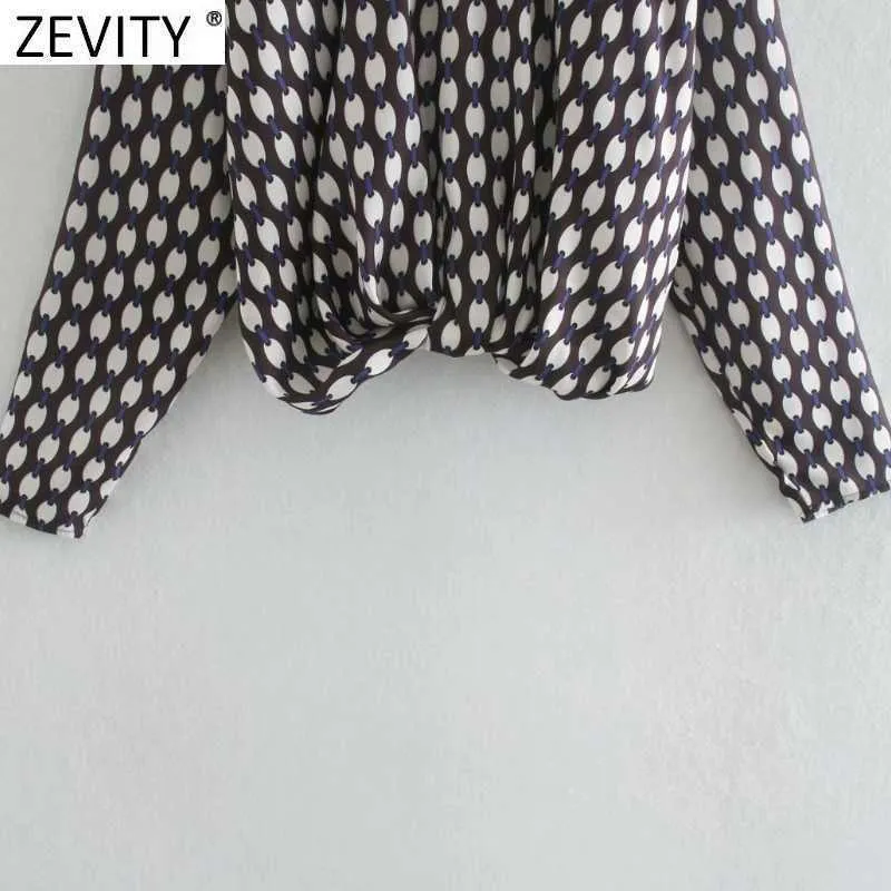Zevity Women Vintage O首の裾の結び隠されたプリントショートブラウスレトロなオフィスレディース長袖ビジネスシャツシックBlusa Tops LS7328 210603