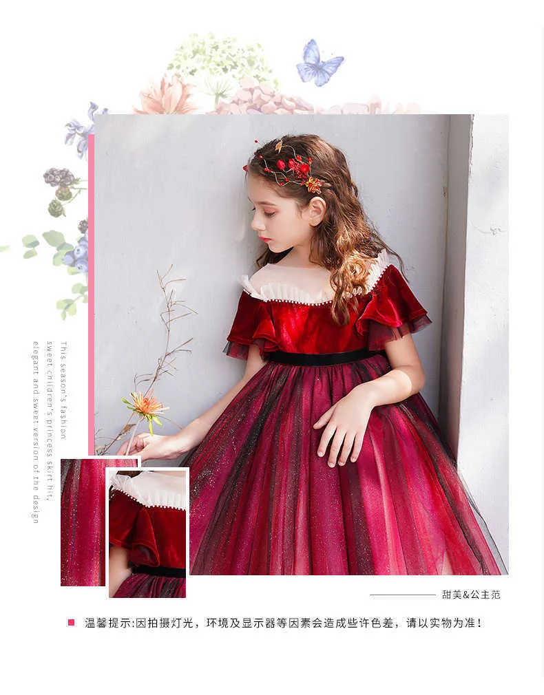 Spanisches Vintage-Mädchen-Bungundy-Weihnachtskleid für Kinder, Rüschen, glänzendes Tutu, Prinzessin mit Schleifen, Kinder, formelles Ballkleid 210529