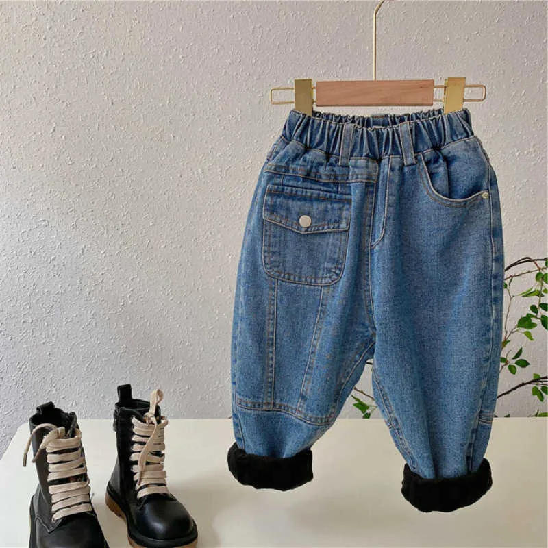 Boys Jeans Children'S Velvet Thick Winter Clothing Personalized Front Pocket Warm Baby Casual Pants Kids Clothes For Girls 210625