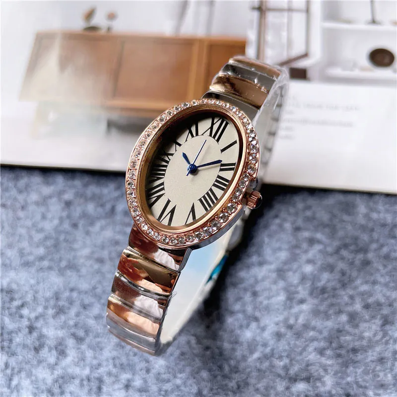 Marca de moda relógios feminino menina cristal oval algarismos árabes estilo aço banda metal bonito relógio de pulso c61297n