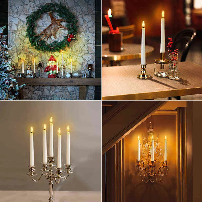 Pack med 9 LED -ljus Lätt varm vit flimmer lång ljus Flamelös timer Remote Taper Candles Nyårsdekoration bougie H1222231N