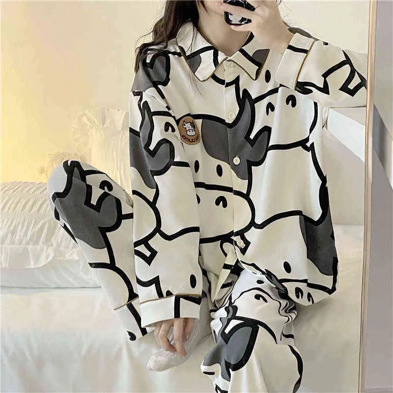 QWEEK Cow Print Piżamy Dwuczęściowe Zestaw Jesień Pijamas Kobiety Bawełna Cute Home Ubrania Piżamy Piżamy Sleepwear Japoński Styl Kawaii 211112