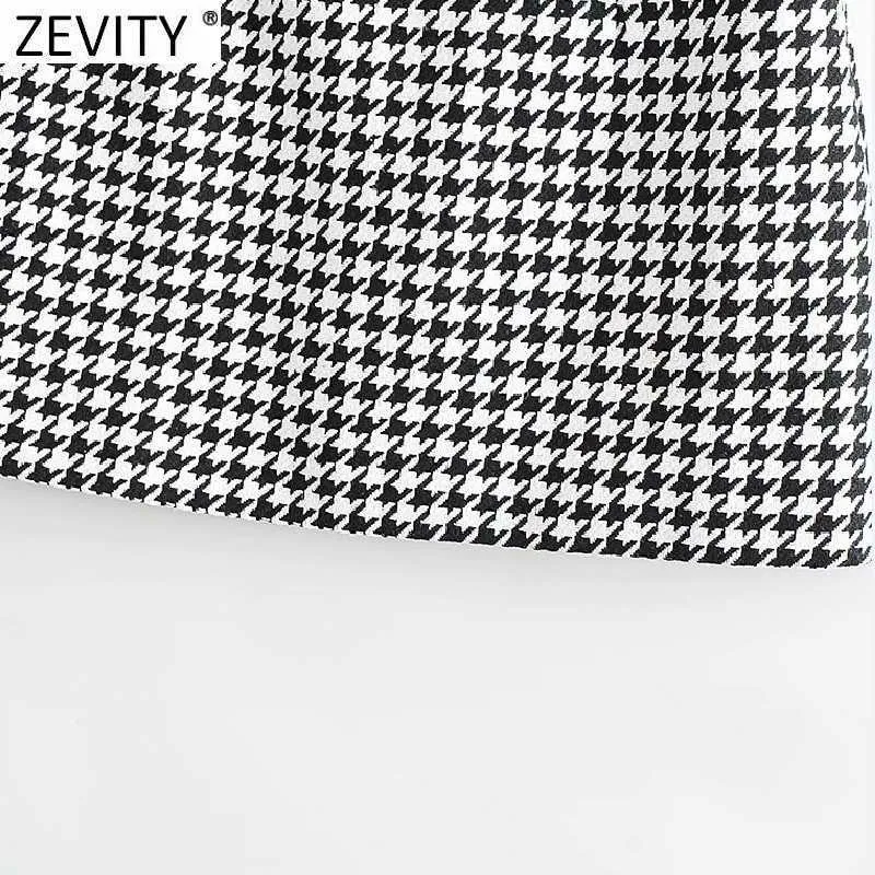 Zevity Women Vintage Houndstooth Plaid Print Casual Slim Pencil Skirt Faldas Mujer Female Back Zipper Chic Vestidos QUN707 210603