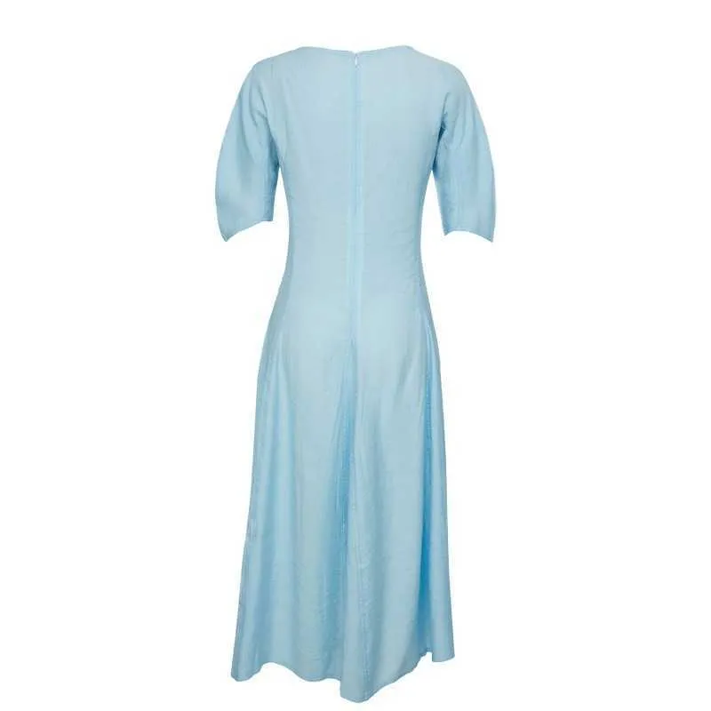 Été À Manches Courtes Bleu Femme Robe A-ligne Lâche Casual Femmes Vestidos Conception Japonais Simple O-cou Femme Robe 13A190 210525
