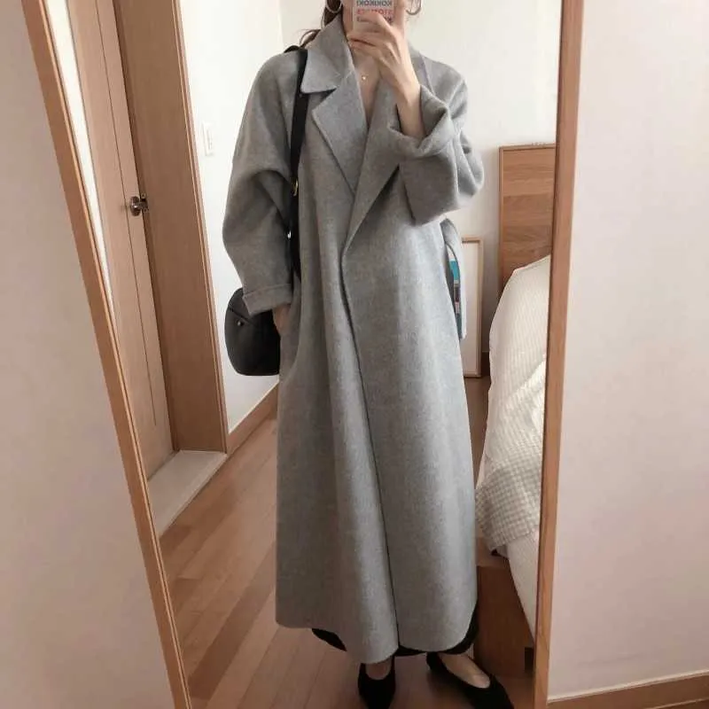 LY VAREY LIN Spring Women Vintage Solid Warm Outwear Empire Slim Coat with Belt Elegant Turn-down Collar Woolen Long 210526