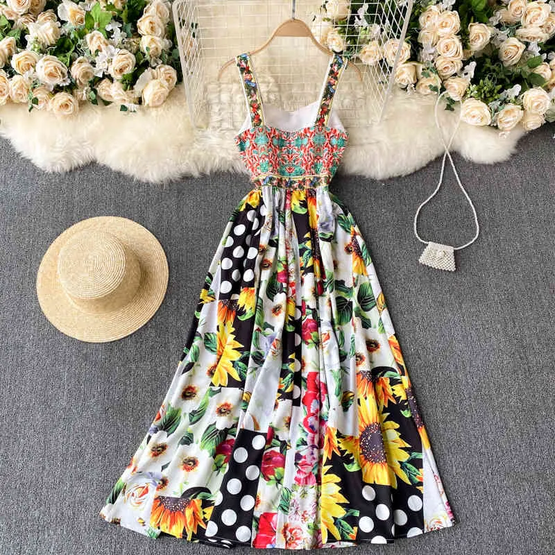 Frühling Bohemian Ethnische Sling Vestidos Weibliche Exotische Druck Sexy Liebsten Taille Abnehmen Urlaub Midi Kleid C365 210506