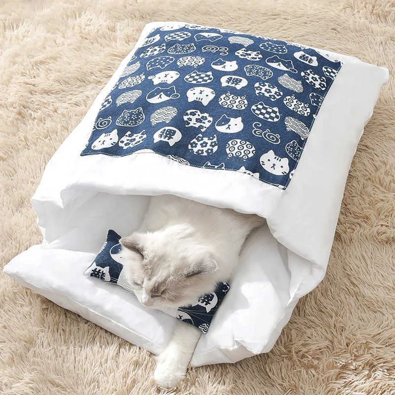 Cat Sleeping Bag Cuddle Cave Bed Dog Beds Winter Self-Warming Pet House with Pillow Japanese Futon for Puppy Small Kitten Dogs 210722