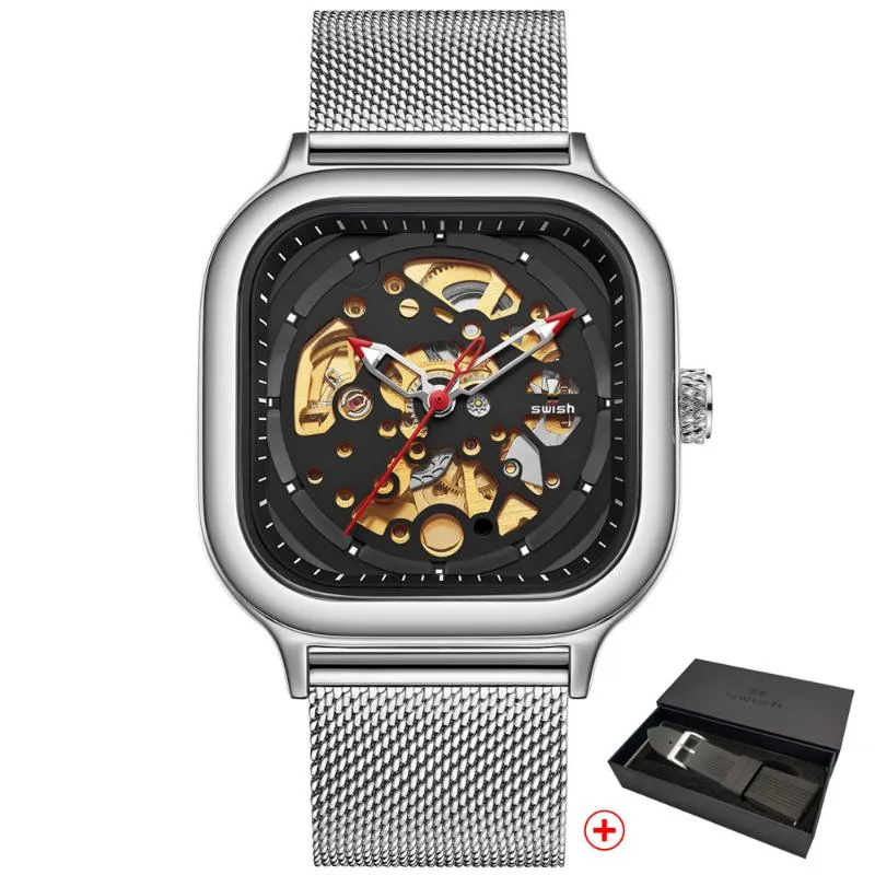 豪華なゴールデンオートマチックレロジオマスキュリノトップブランドデザインQuartz Wristwatch Fashion Square Hollow Steel Steel Watches Men WR245I