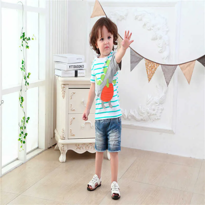 Jumping Meters Animals Applique Summer Stripe Boys Girls T shirts Cotton Cute Baby Clothes Selling Costume Kids Tees Tops 210529
