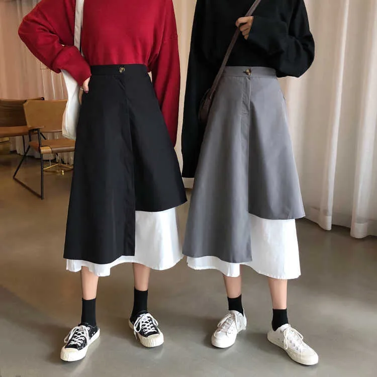 Mid-length Retro Japan A-line High Waist Patchwork Irregular Skirts Women Student Casual Mujer Faldas Wrap Hip Fashion Wild 210610