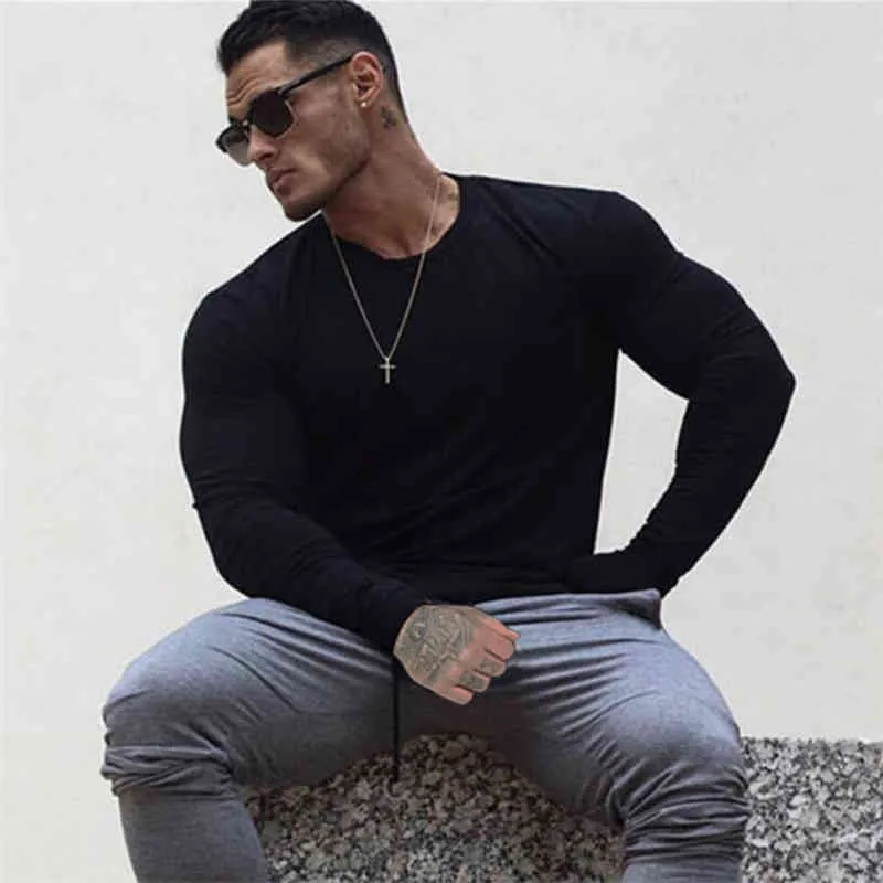 New Fashion Autumn Sporting T-shirt Men long Sleeve Fitness Slim T shirt Mens solid Gyms clothing Bodybuilding T-shirt Tees 210421