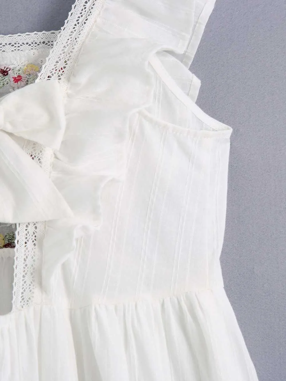 Summer Women's Dress Fashion Floral Embroidery Frill Sleeve Modern Lady White Midi Sundress 210602
