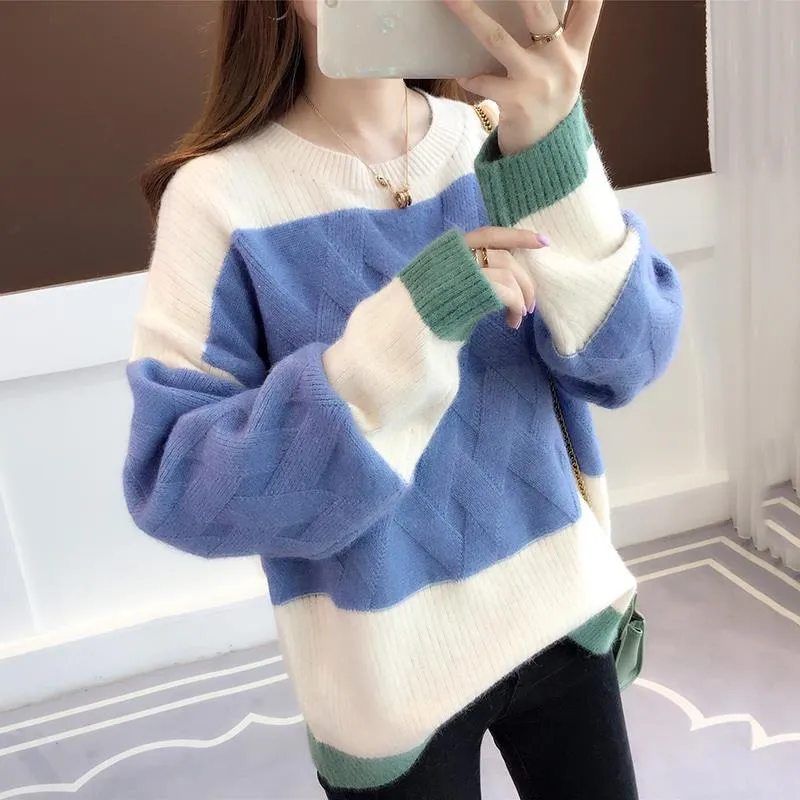 Suéter de viento perezoso dulce a juego de colores de invierno para mujer suéter suelto estudiante linda camisa de fondo 210427