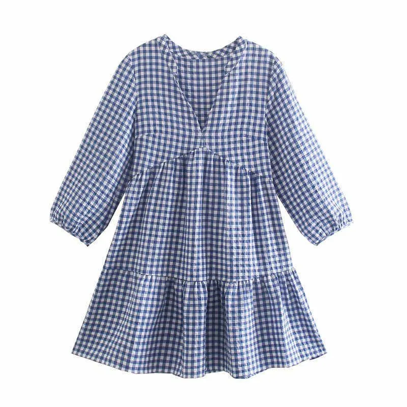 ZA Mini abito a quadretti blu Donna manica lunga a sbuffo con scollo a V Abiti primaverili Donna Chic scozzese con orlo a balze Abito da ufficio 210602