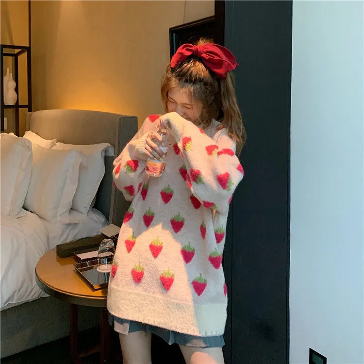 Сладкая Лолита милый розовый мультфильм фруктовый узор вязаный повседневный пуловер свободный свитер длинный стиль верхние версии 210510