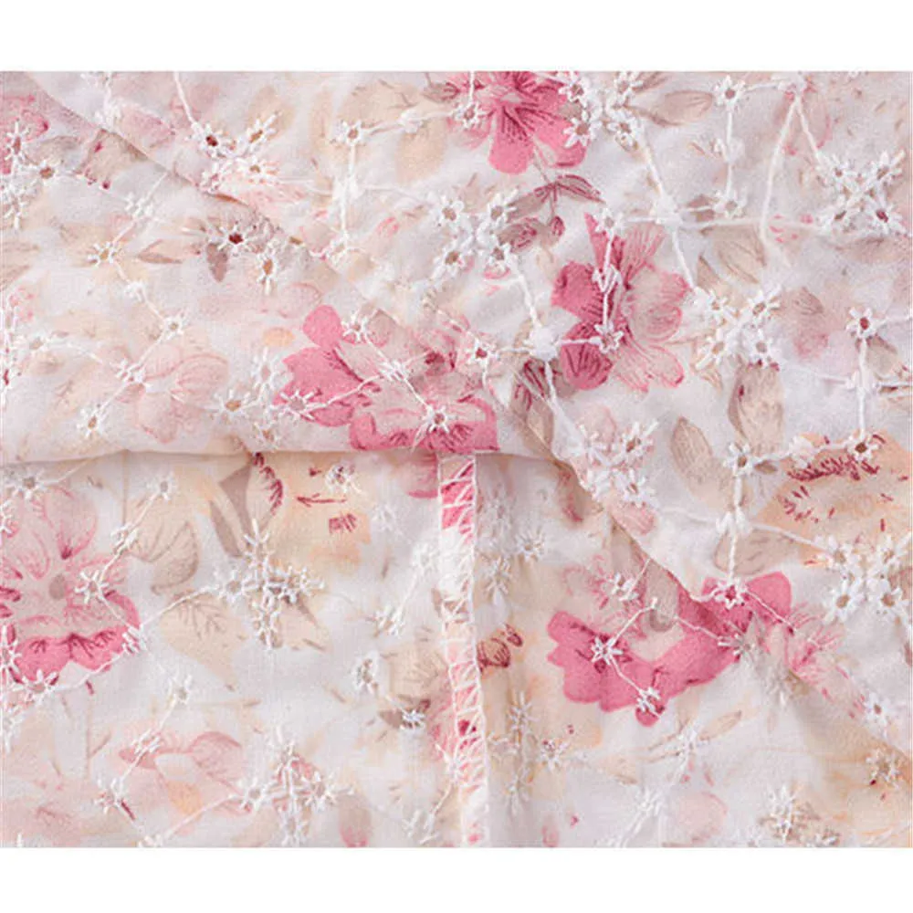 Falda larga bordada con estampado Floral de flores para mujer, falda Midi de cintura alta coreana blanca rosa de chifón para mujer 210619