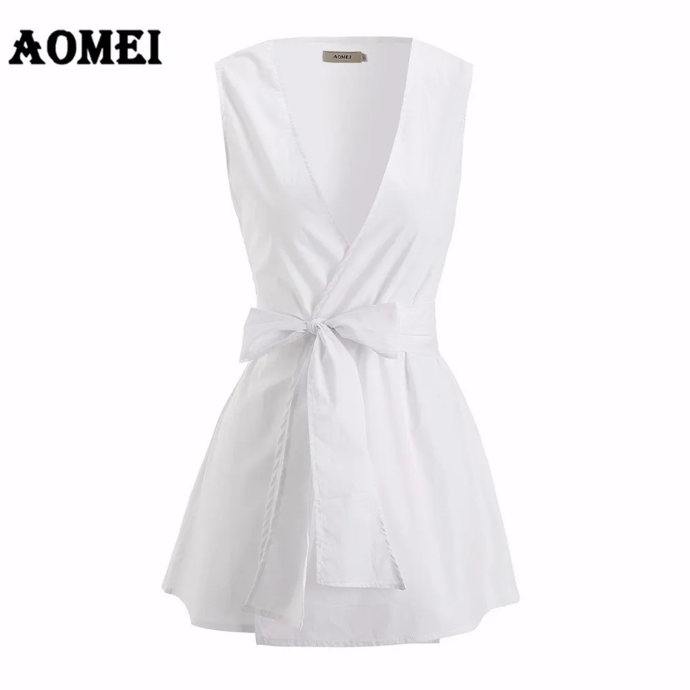 Kobiety Biała bluzka Bez rękawów z Sashes V Neck Solid Color Woman Tops Koszula Blusas Plus Size 3XL Biuro damskie Moda 210416