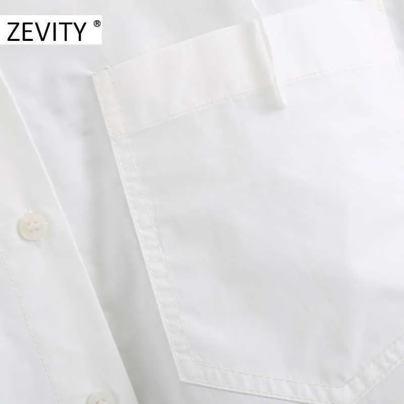 Zevity Femmes Mode Blanc Couleur Casual Lâche Blouse à capuche Chemise Femme Poche Patch Cordon Chic Femininas Tops LS7098 210603