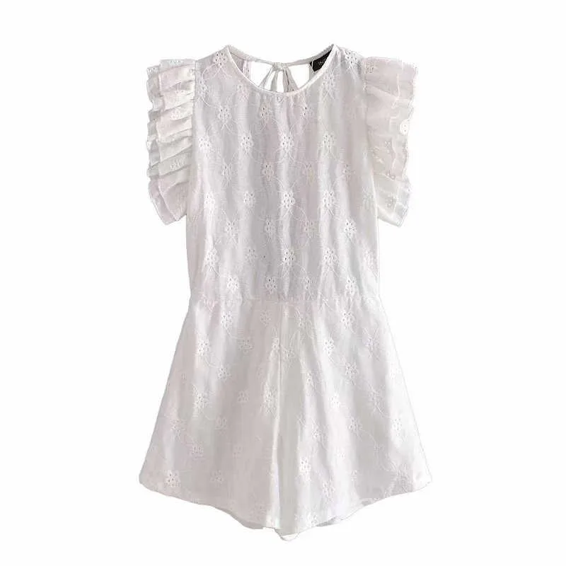 ZA Ruffle Textured Embroidery Short Jumpsuit Women Sexy Backless White Summer Playsuit Woman Chic Openwork Embroidered Playsuits 210602