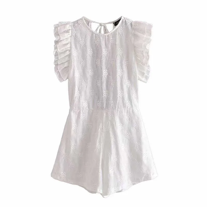 Za Ruffle Texturizado Bordado Curto Macacão Mulheres Sexy Backless Branco Verão Playsuit Mulher Chic Openwork Bordado Playsuits 210602