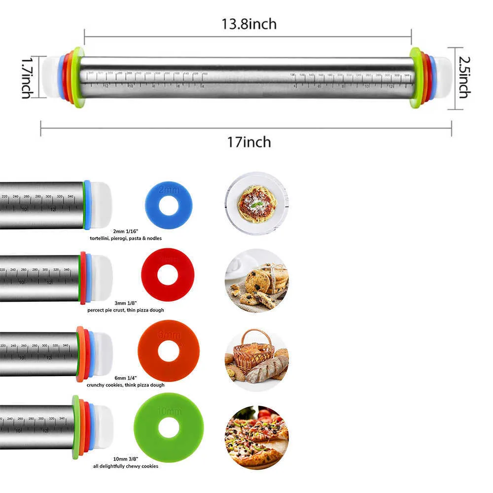 Rolling Pins 17inch Ajustável Aço Inoxidável + PP Ajustar Escala de Espessura Rolling Stick Sleading Ferramentas Escala 4thness Réguas 211008