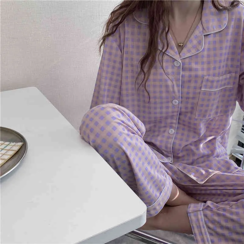 Sleepwear Women Loose Plaid Homewear Cotton Chic Femme Vintage Sweet Casual Soft Color-Hit Pyjamas Sets 210525