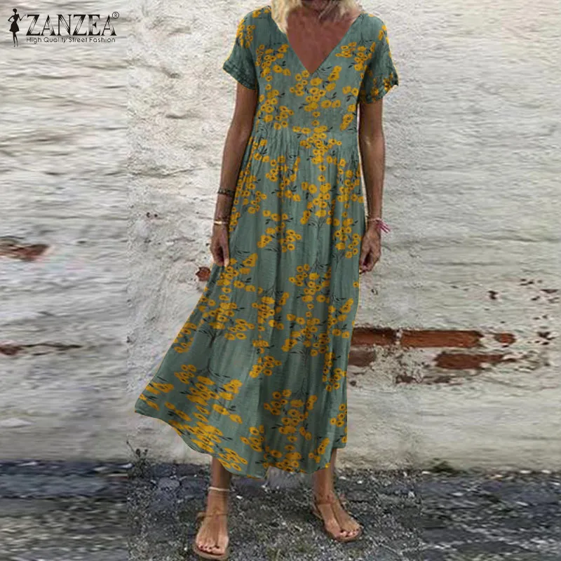 ZANZEA Frauen Sommerkleid Bohemian Floral Print Strand Maxi Kleid Vintage V-ausschnitt Kurzarm Übergroßen Kleider Femme Kaftan Vestido7 X0521