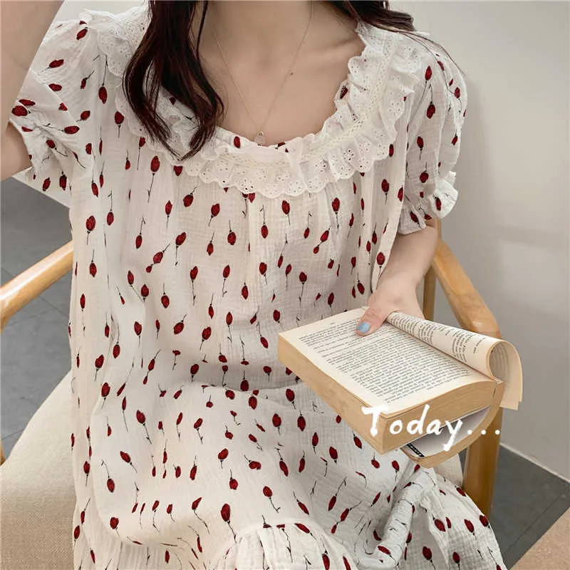 Koreanska söta snörade homewear tjejer alla matchar lös försäljning casual nattdräkt chic bomull mode pyjamas klänning 210525