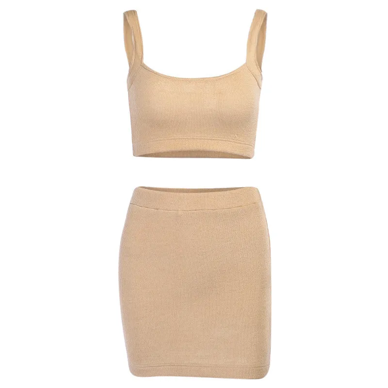 Ezgaga Two Piece Set Women Square Neck Crop Top and Ribbed Skirt Knitted Sleeveless Ladies Sexy Bodycon Solid Tracksuits 210430