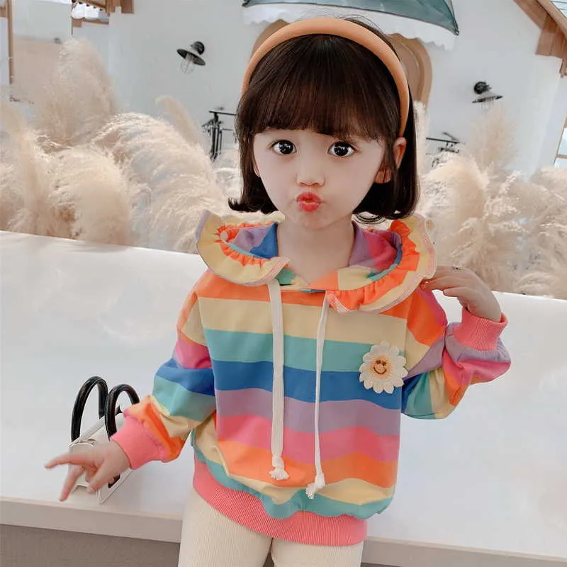 Toptan Bahar Kore Tarzı Bebek Kız Hoodies Uzun Kollu Gökkuşağı Tişörtü Çocuk Sevimli Giysiler E42 210610