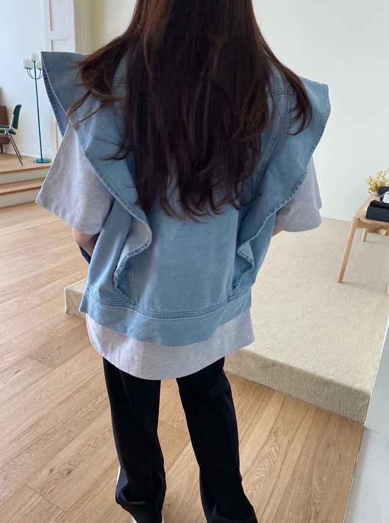 Korejpaa Kvinnor Tankar Sommar Koreanska Chic Retro Lapel Ruffled Loose Mångsidig Tvättad Blå Denim Waistcoat Cardigan Jackor 210526