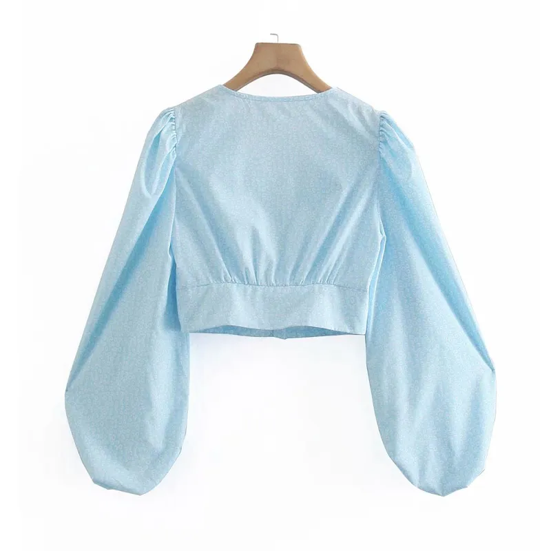 VUWWYV Mode Sky Blue Print Crop Top Dames Zomer Casual Long Puff Sleeve Vrouw Tops Front Button High Street Ladies Blouse 210430