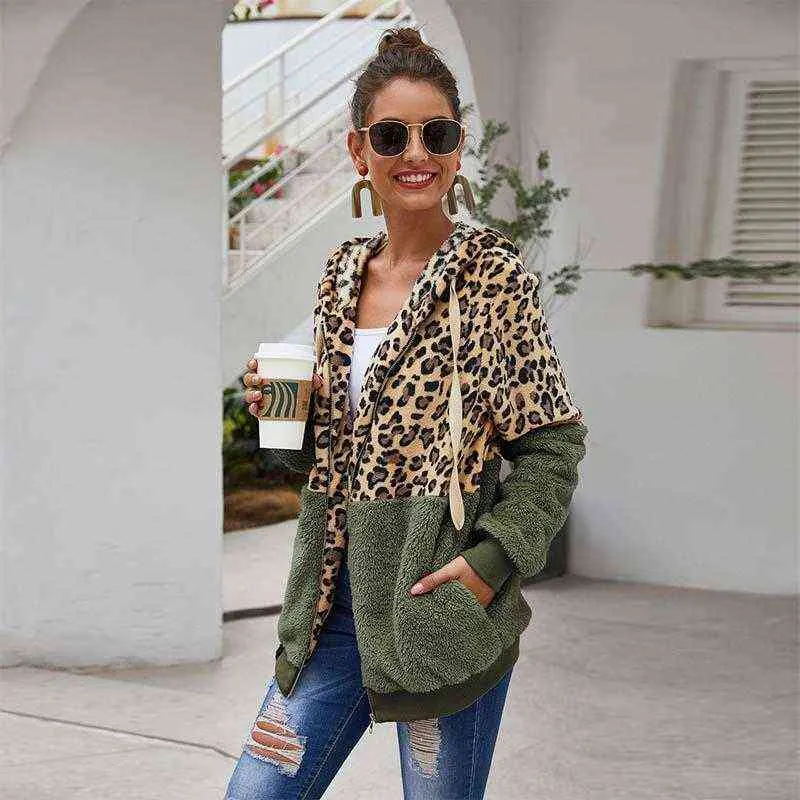 Höst Faux Fur Coat Kvinnor Leopard Teddy Coat Ladies Plush Hooded Winter Coat Women Fluffy Fur Teddy Jacka Kvinna 211110