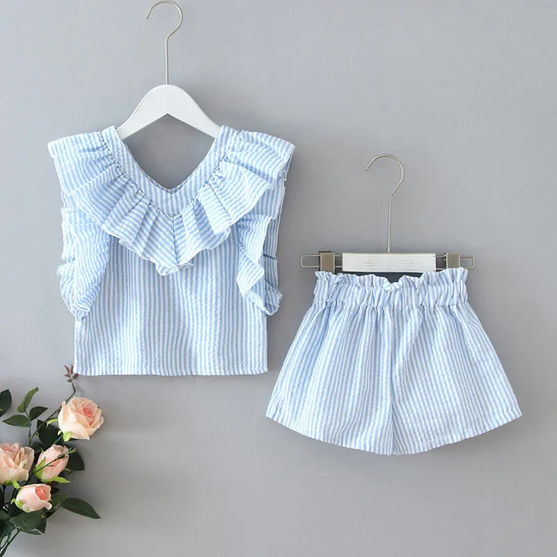 Tjejkläder Set Koreanska Sommar Striped Ruffles Top T-shirt + Byxor Barn kostym Toddler Baby Barn 210515