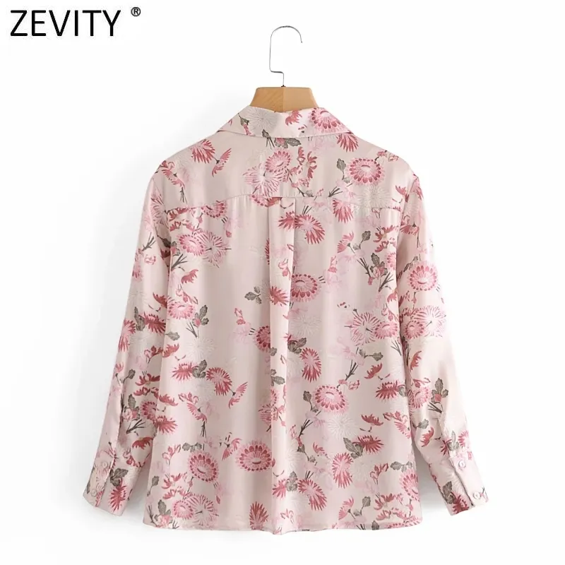 Women Fashion Pink Flower Print Casual Chiffon Smock Blouse Office Ladies Long Sleeve Shirts Chic Blusas Tops LS7678 210420