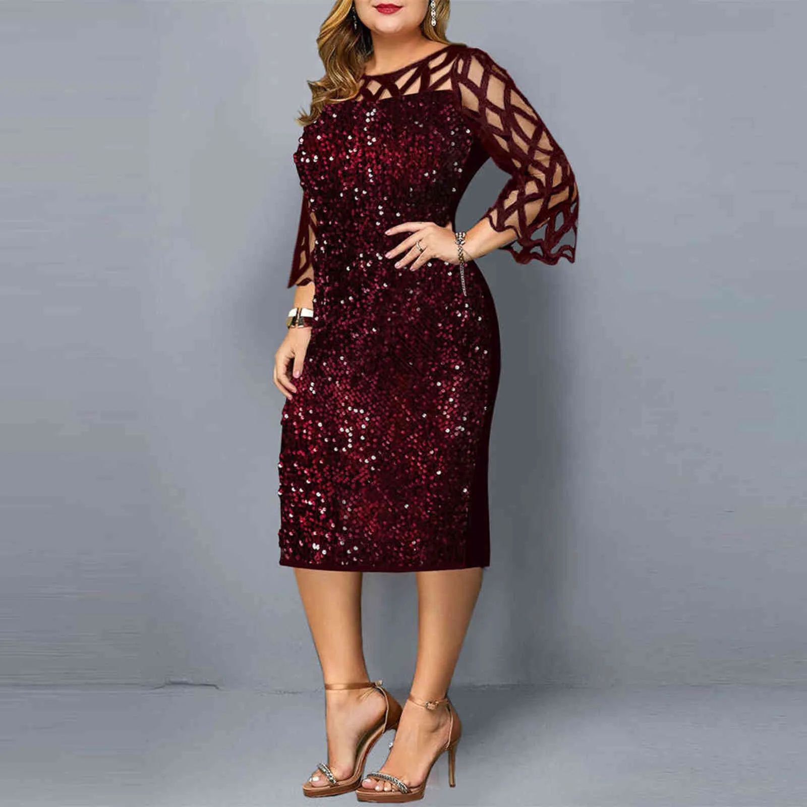 Party Dress Plus Size Ladies Midi Sequin Mesh Långärmad Lace Elegant Bodycon XL-4XL 5XL Evening Dresses Kvinna Sommar 211028