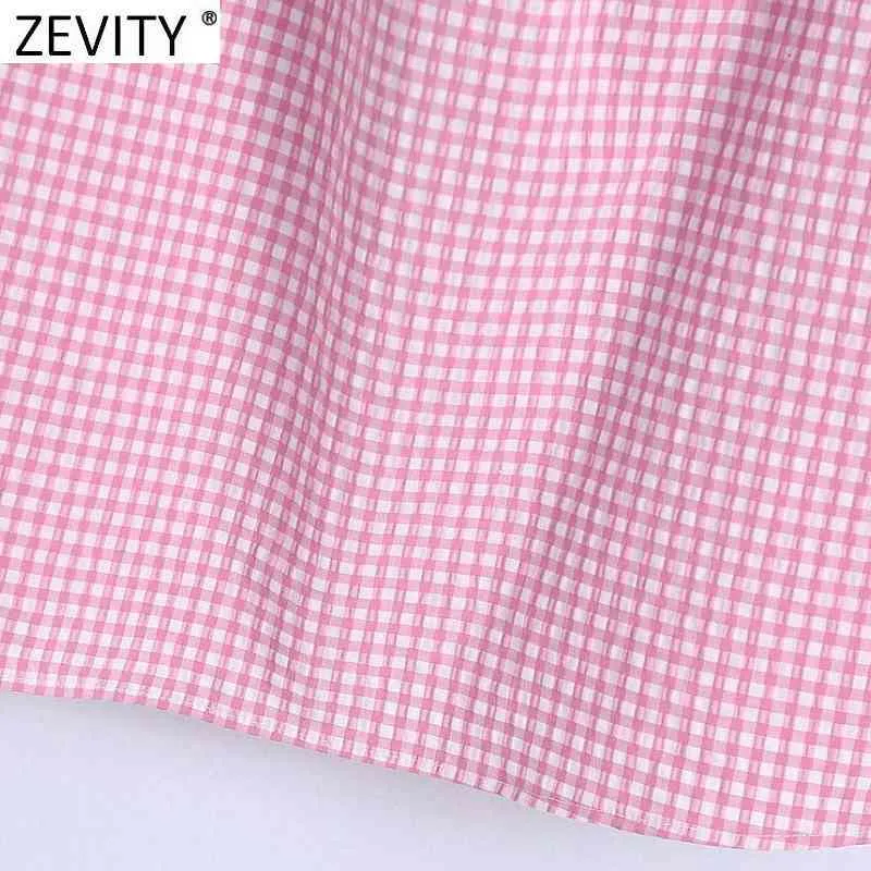 Kvinnor Söt Rosa Plaid Skriv ut Rygg Elastisk Casual Mini Klänning Kvinnlig Chic Pleat Puff Sleeve Lace Up Bow Vestidos DS8232 210420