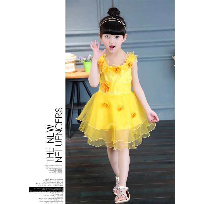 LOVE DD&MM Girls Dresses Summer Children's Wear Girls Sweet Flowers Mesh Lace Stitching Sleeveless Princess Dress 210715