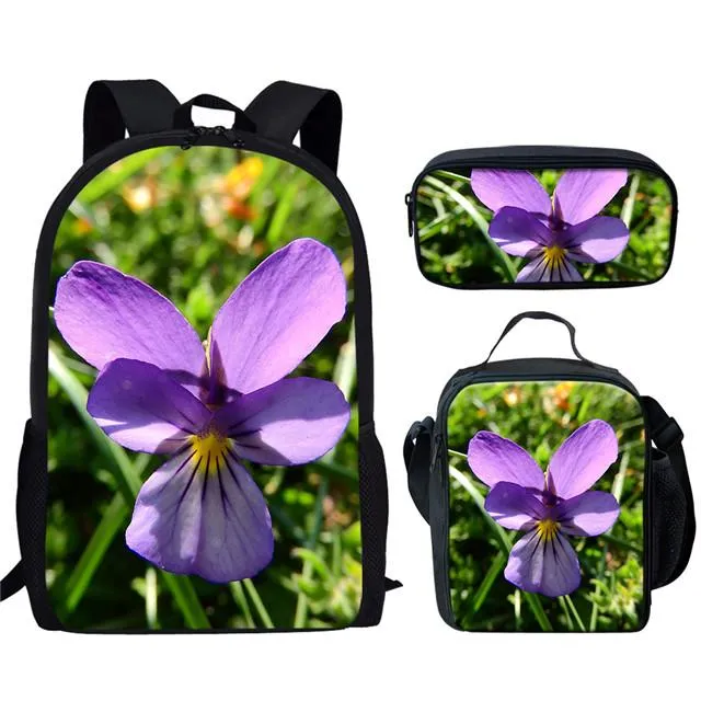 Torby szkolne ostrzeżenia Purple Lilic Design 16 -calowy plecak dla dzieci dla dzieci kwiatowe nadruki nastolatki