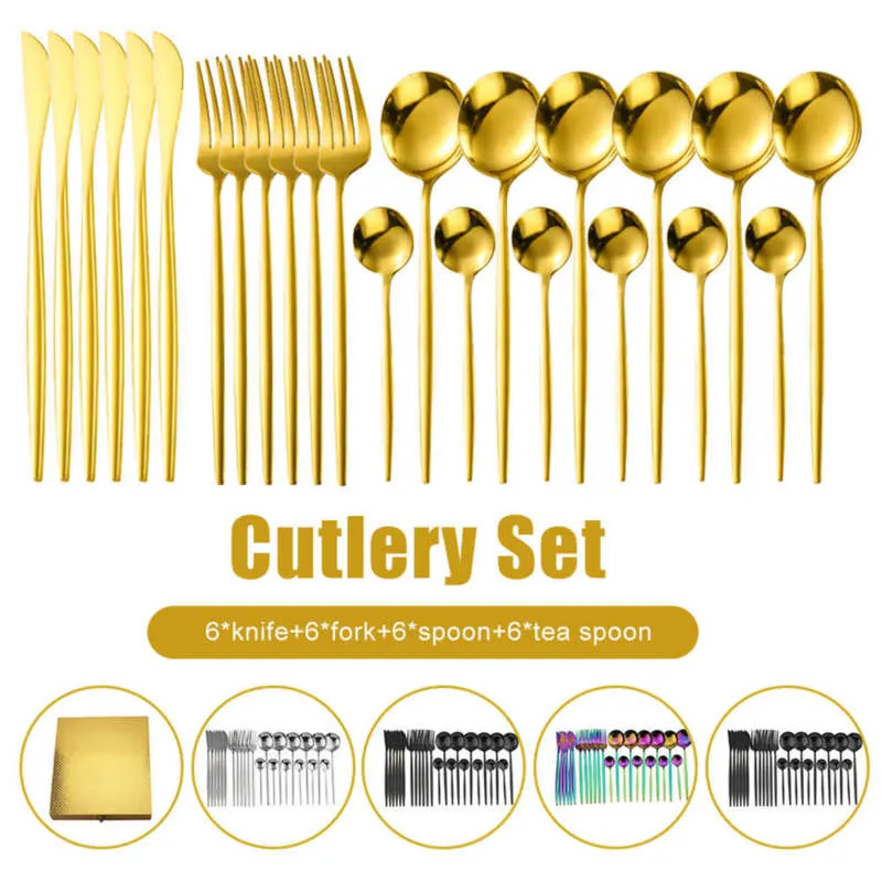 Gold Dinnerware Set di stoviglie in acciaio inossidabile Coltello Forchetta Cucchiaio Posate occidentali Posate Set di utensili da cucina 210928