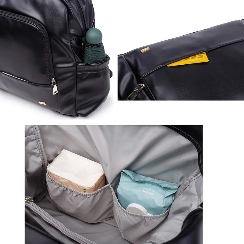 Soboba vattentät svart blöja väska slät läder large kapacitet omvårdnad byte ryggsäck för född baby med 2 rems 220222