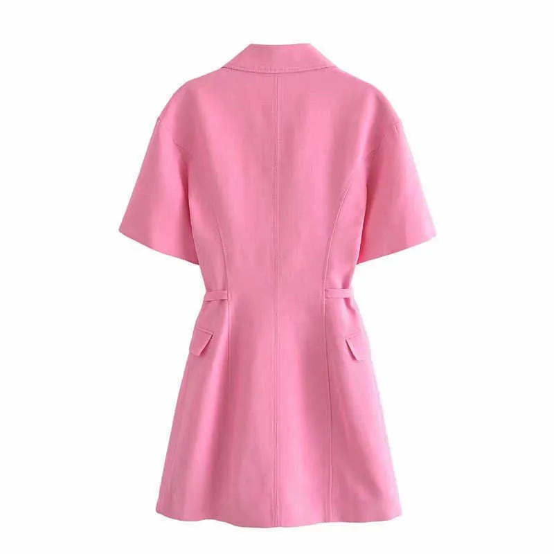 Zaピンクの夏のブレザードレス女性半袖二重抽選エレガントなオフィスレディードレスサイドポケット女性ミニドレス210602