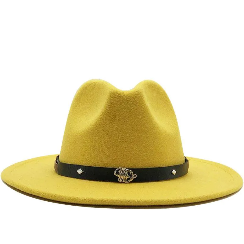 Hommes Femmes Large Bord Laine Feutre Jazz Fedora Chapeaux Style Britannique Trilby Fête Formelle Panama Casquette Blanc Jaune Robe Chapeau 56-60CM308q