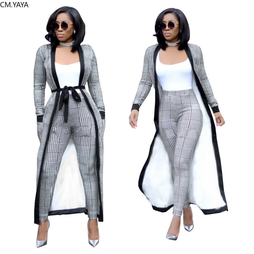 Höst Winter Women's Set Full Sleeve Long Cape Coat Sashes Byxor Sexig Fashion Print OL Two Piece Outfits Tracksuits 3535 210930