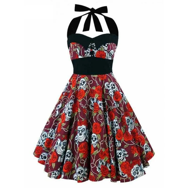 JOYNESS Summer Vintage Retro anni '50 anni '60 Skull Rose stampato floreale Rockabilly Skater pin up swing Flare dress Plus size 4XL 5XL 210608