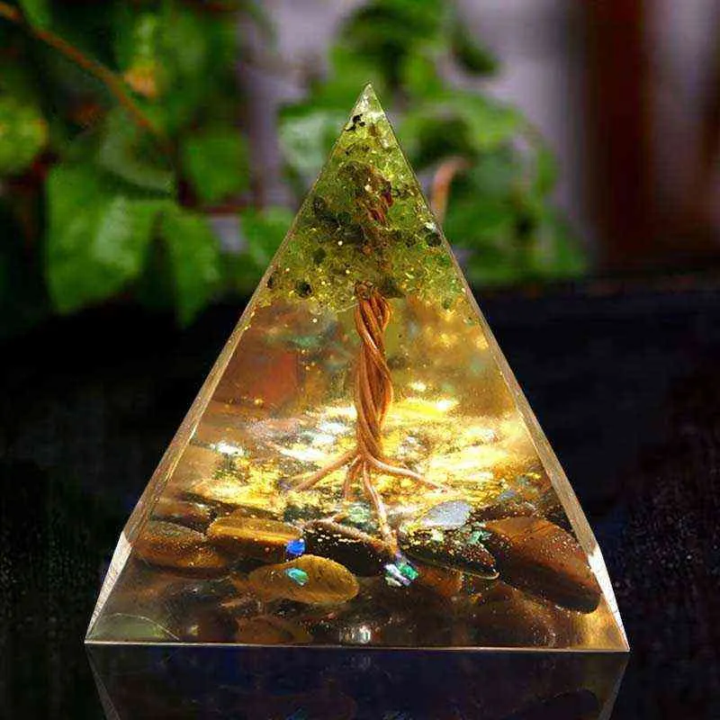 Handmade Drzewo Życia Orgone Piramida 60mm Peridot z Tygrysem Kryształowym Kryształowym Kamieniem, Akumulatorem, EMF Orgonite Energy Chakra 211108