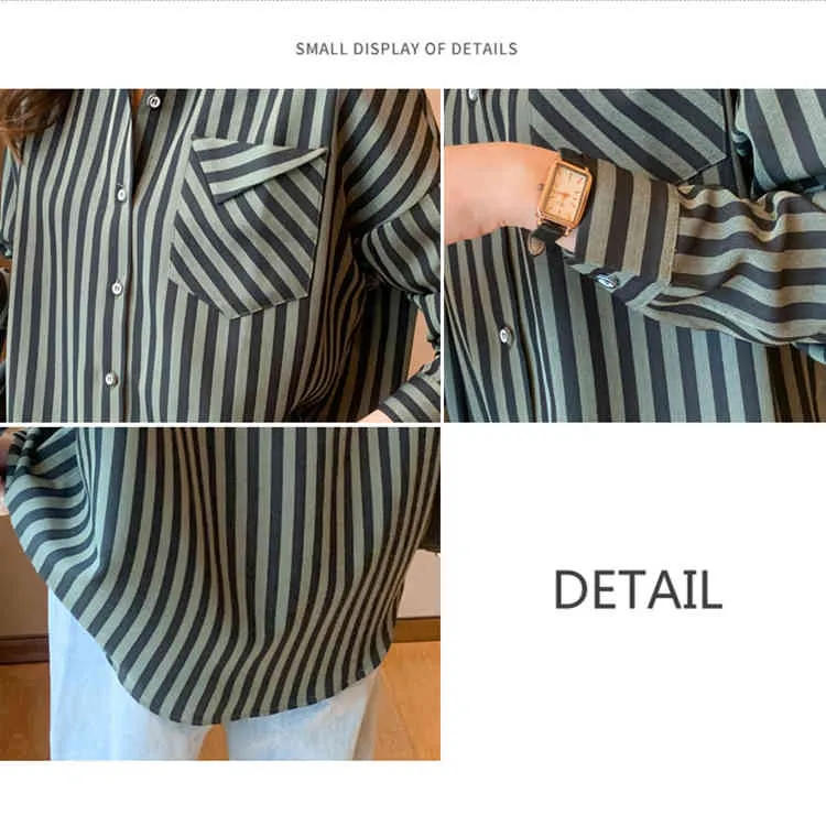 女性のためのトップスプラスサイズのシャツ春の縞模様の長袖パッチワークルーズブラウス女性韓国風ブリス210507